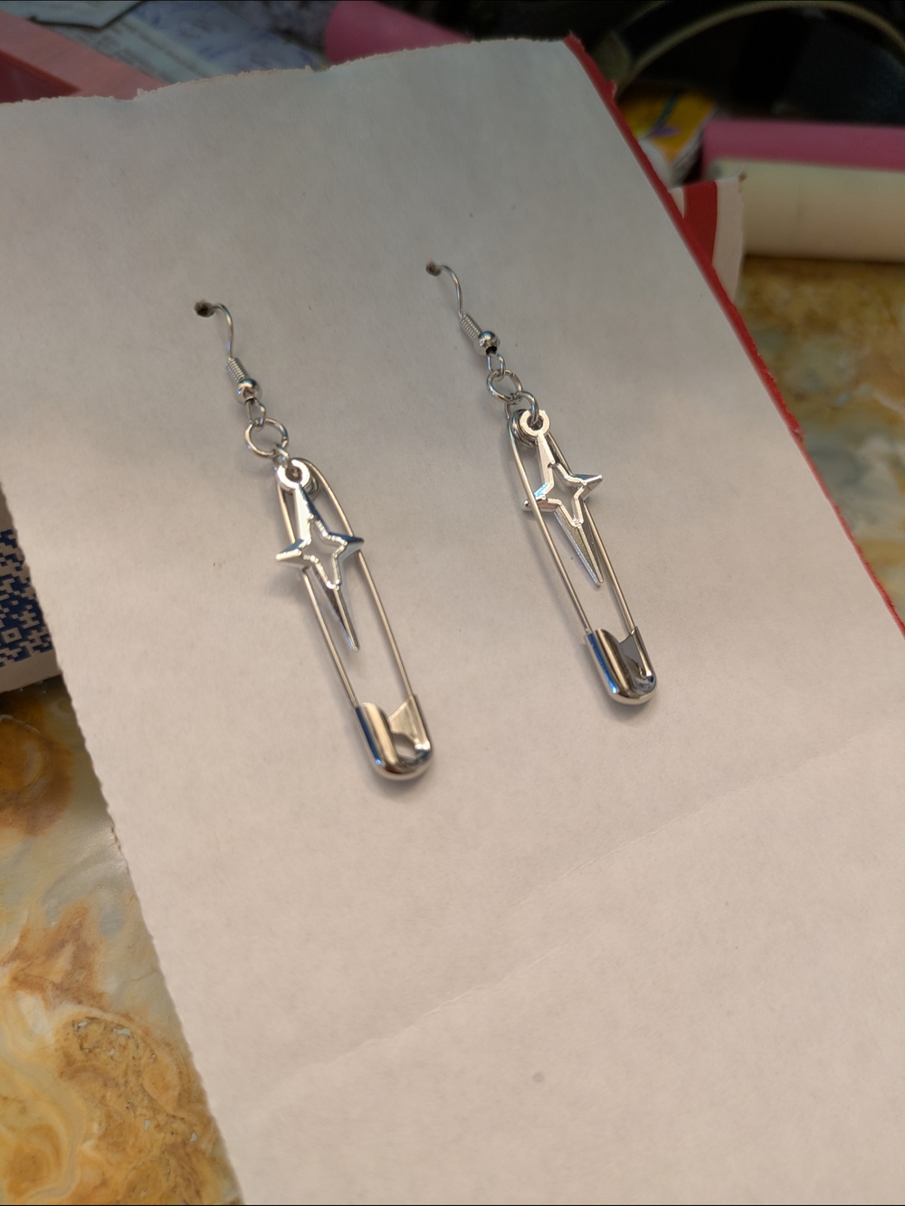 Silver Star Safety Pin Drop Earrings Alt Culture Punk Rock Grunge Metal